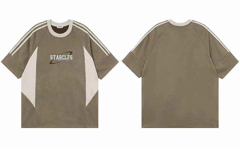 Retro Embroidered Suede Patchwork Racing T-Shirt