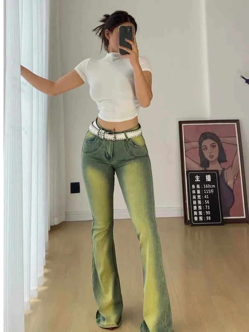 Women Vintage Green High Waist Flared Jeans