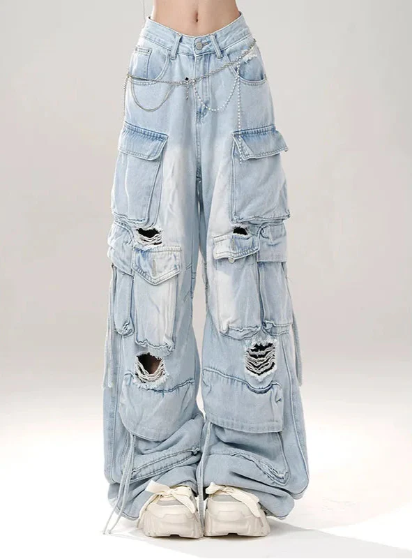 Breathable Y2K 90s Style Oversized Ripped Cargo Jeans - Luxuryurbanwear