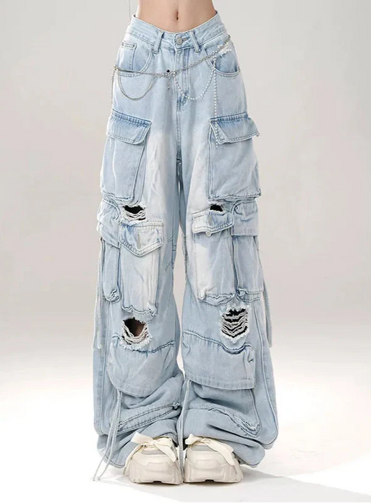 Breathable Y2K 90s Style Oversized Ripped Cargo Jeans - Luxuryurbanwear