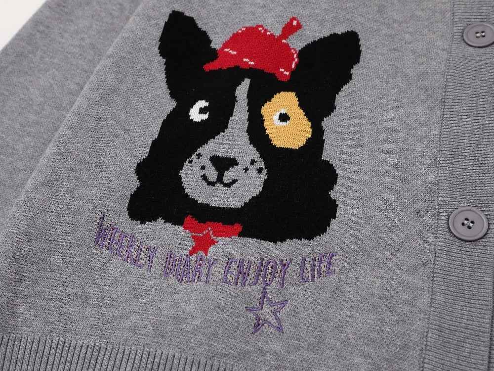 Retro Single Breasted Cartoon Puppy Jacquard Hodded Cardigan
