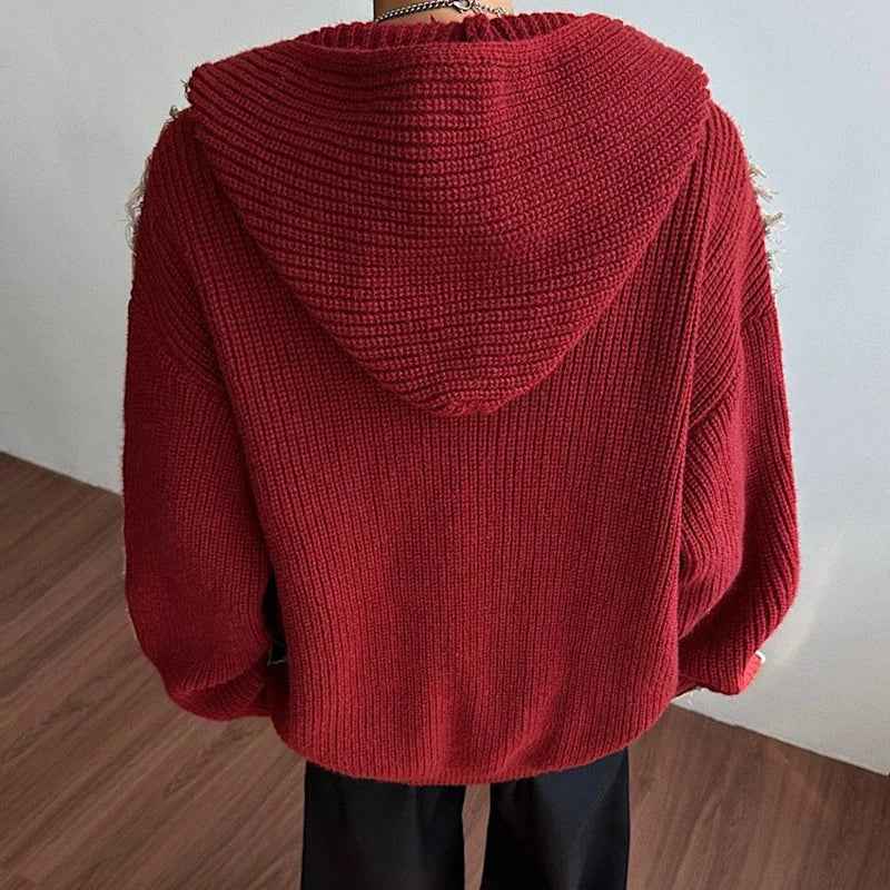 Trendy Knitt Hooded Raw Edge Denim Jacket