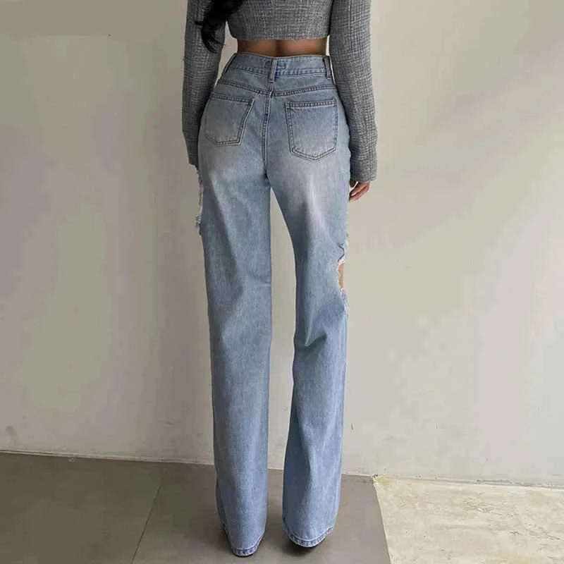 Stylish High Waist Ripped Denim Jeans