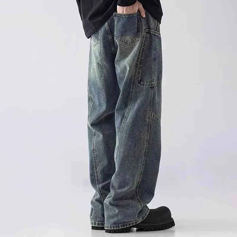 Retro Blue Korean Style Workwear Cargo Jeans