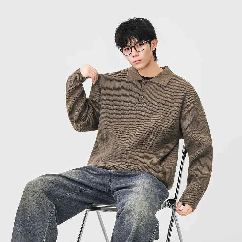 Y2K Cozy Ribbed Knit Polo Collar Sweater
