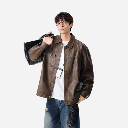 Trendy Faux Leather Lapel Button Jacket