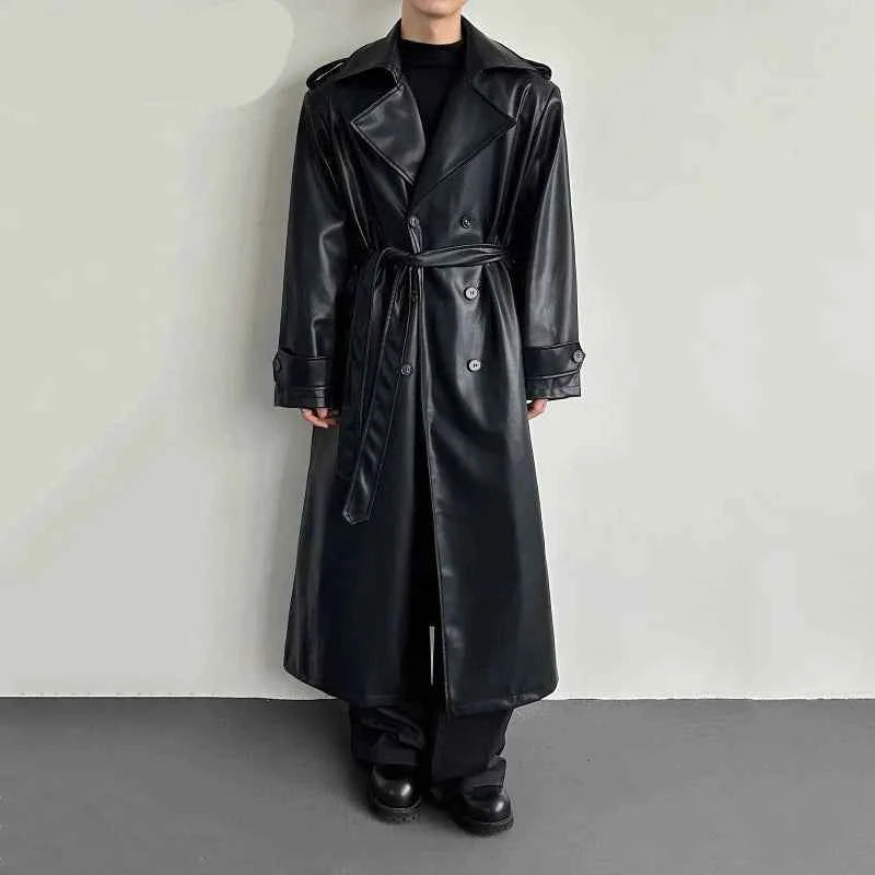 Stylish Black Leather Double Breasted Coat