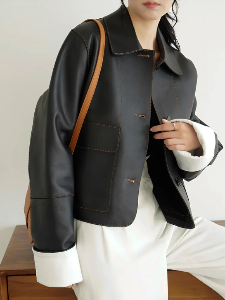 Women Luxury Retro Collar Short Leather Jacket - Luxuryurbanwear