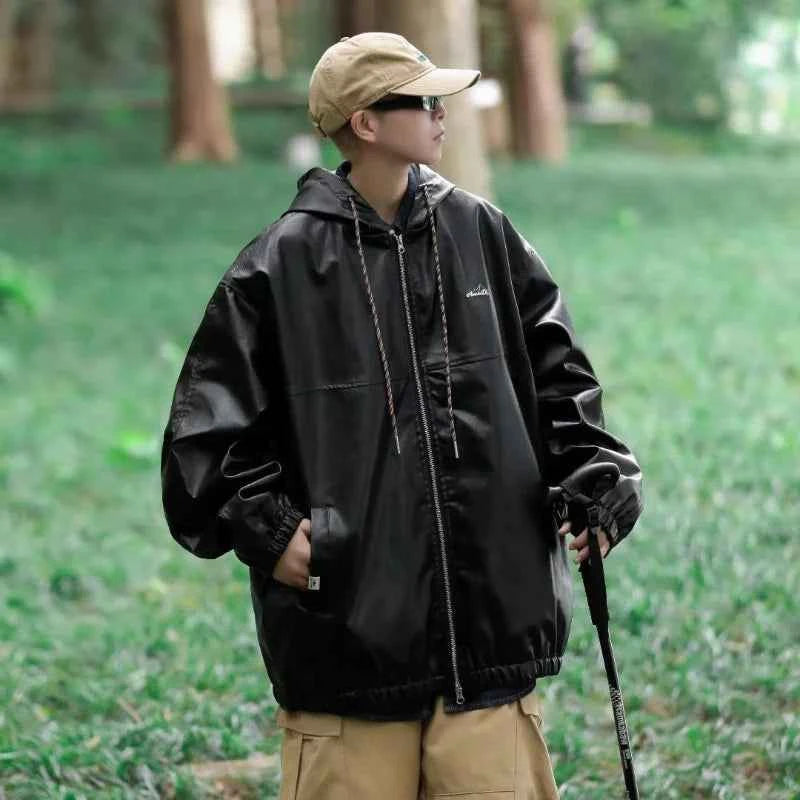 Streetwear Trendy Drawstring Leather Hooded Jacket