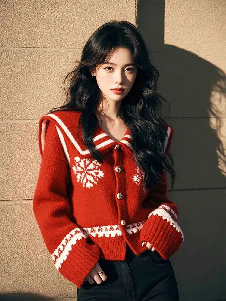 Women Red Christmas Long Sleeve Cardigan
