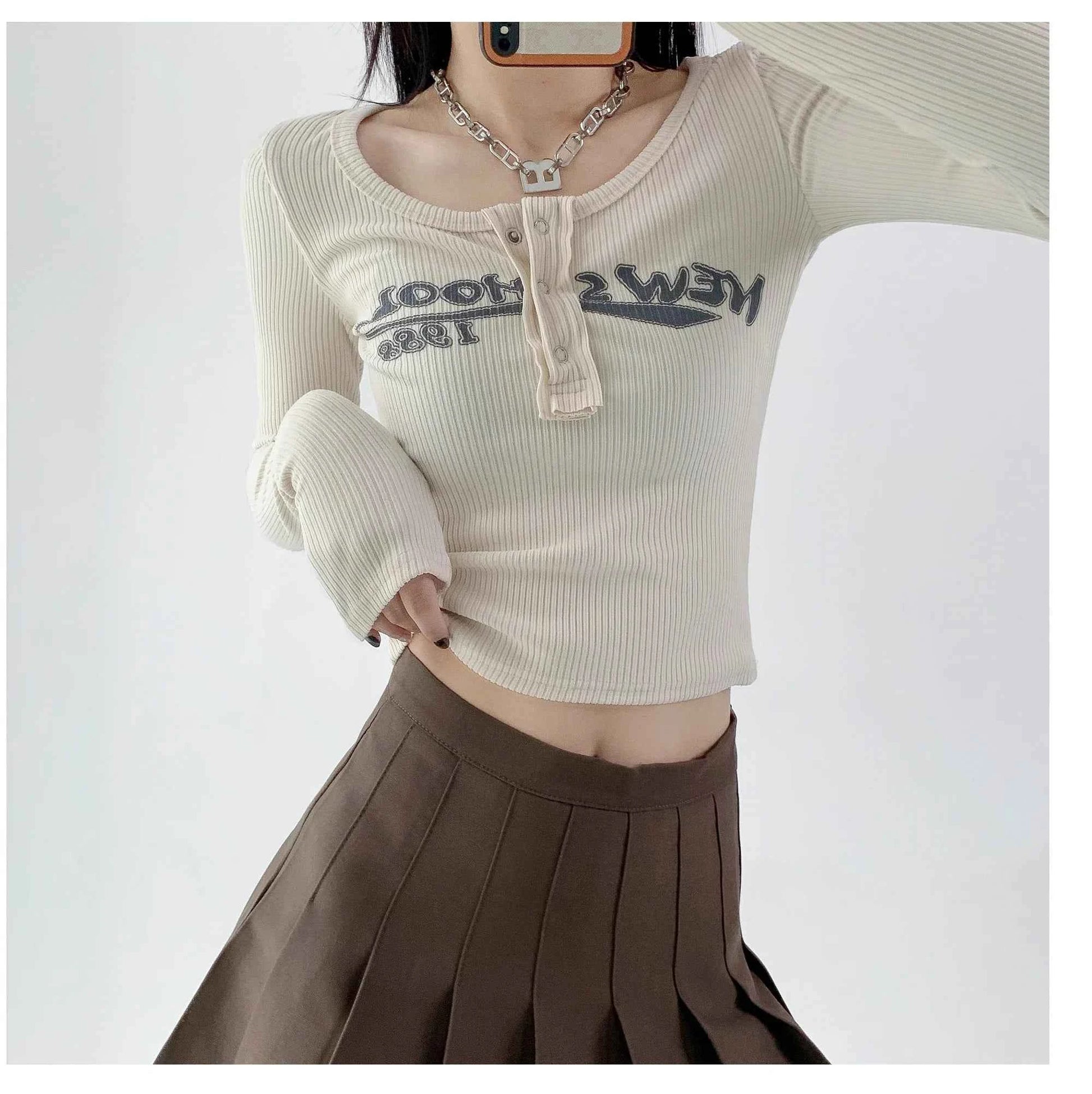 Vintage Letter Print Ribbed Crop T-Shirt