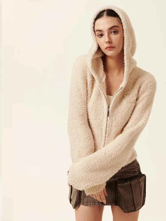 Cozy Vintage Brown Plush Hooded Puffer Sweatshirt