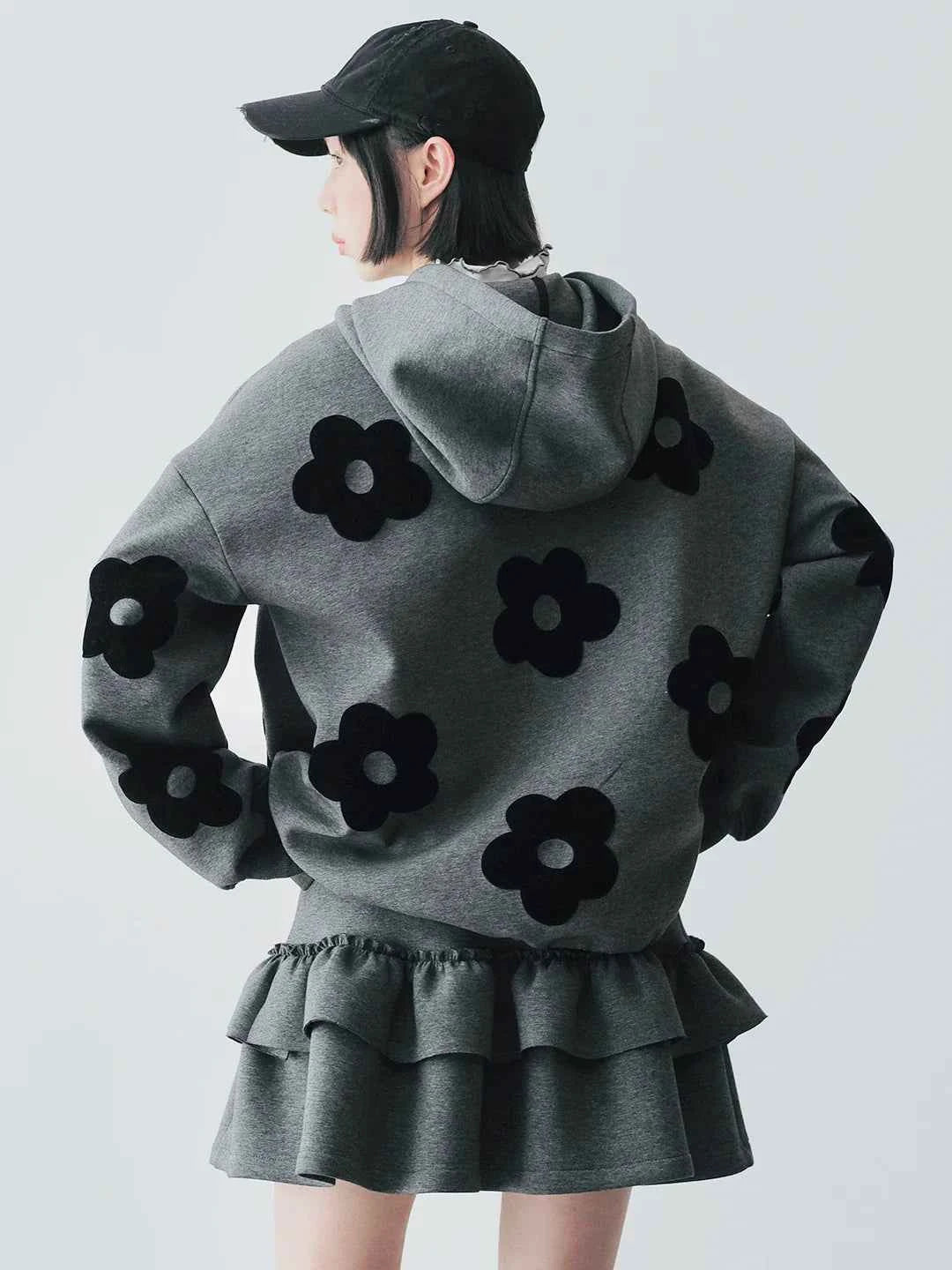 Autumn Gray Floral Patch Casual Hoodie