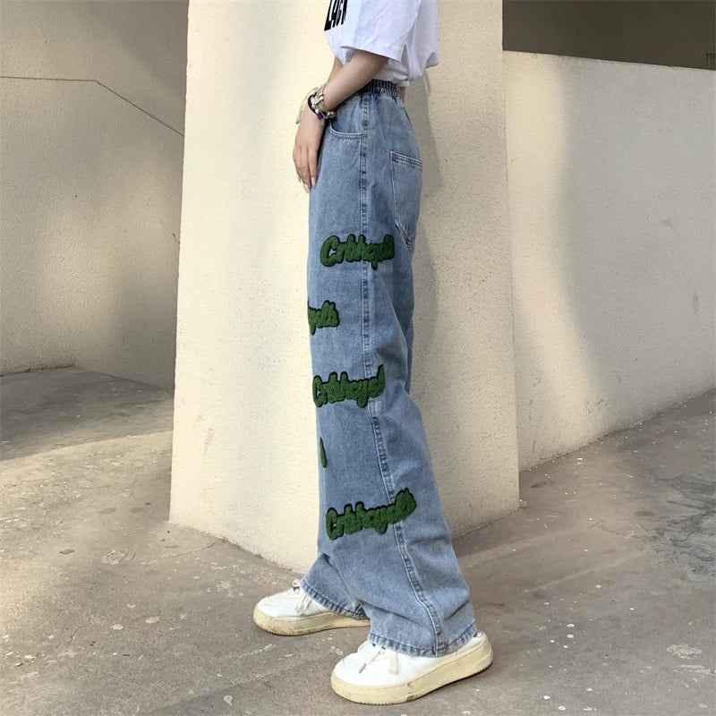 Elastic High Waist Flocked Embroidered Jeans