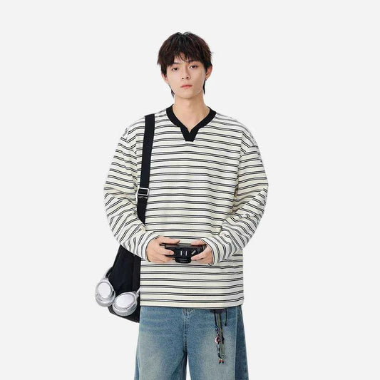 Striped Casual Long Sleeve V-Neck T-Shirt