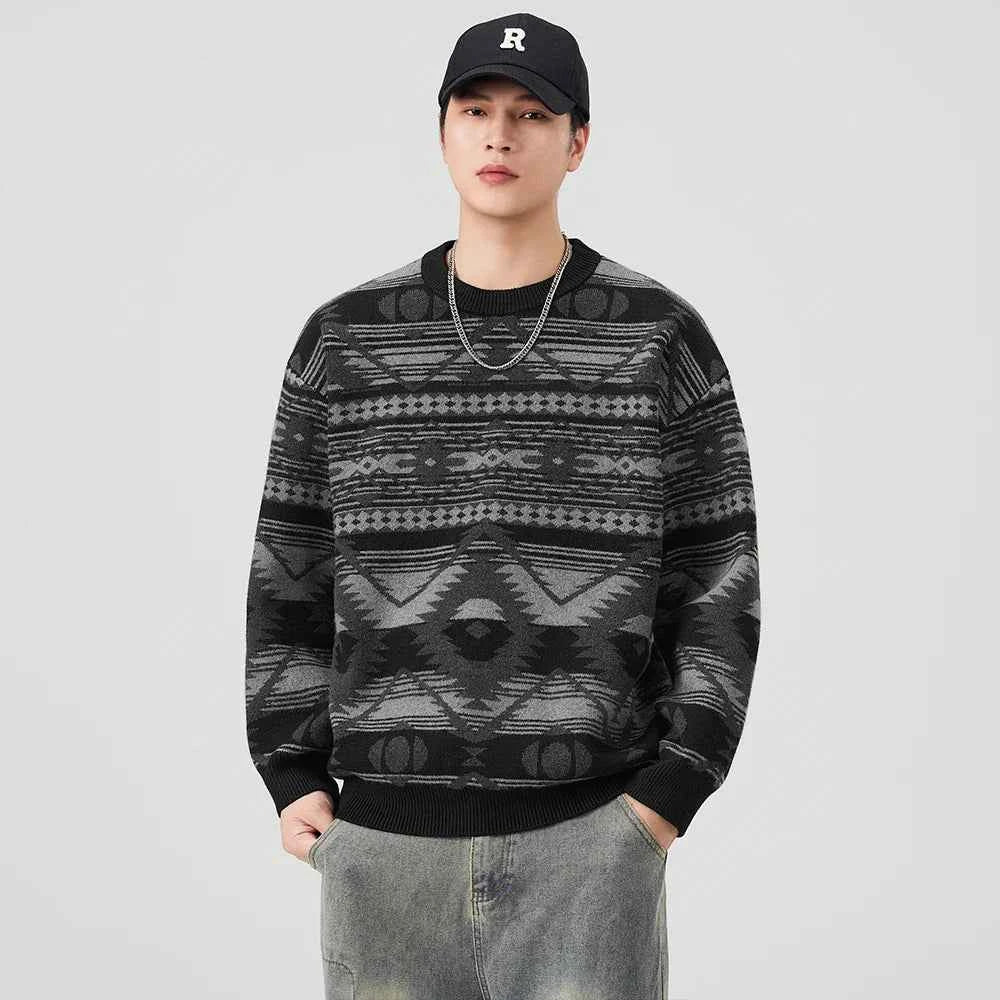 Geometric Pattern Crew Neck Knitted Sweater
