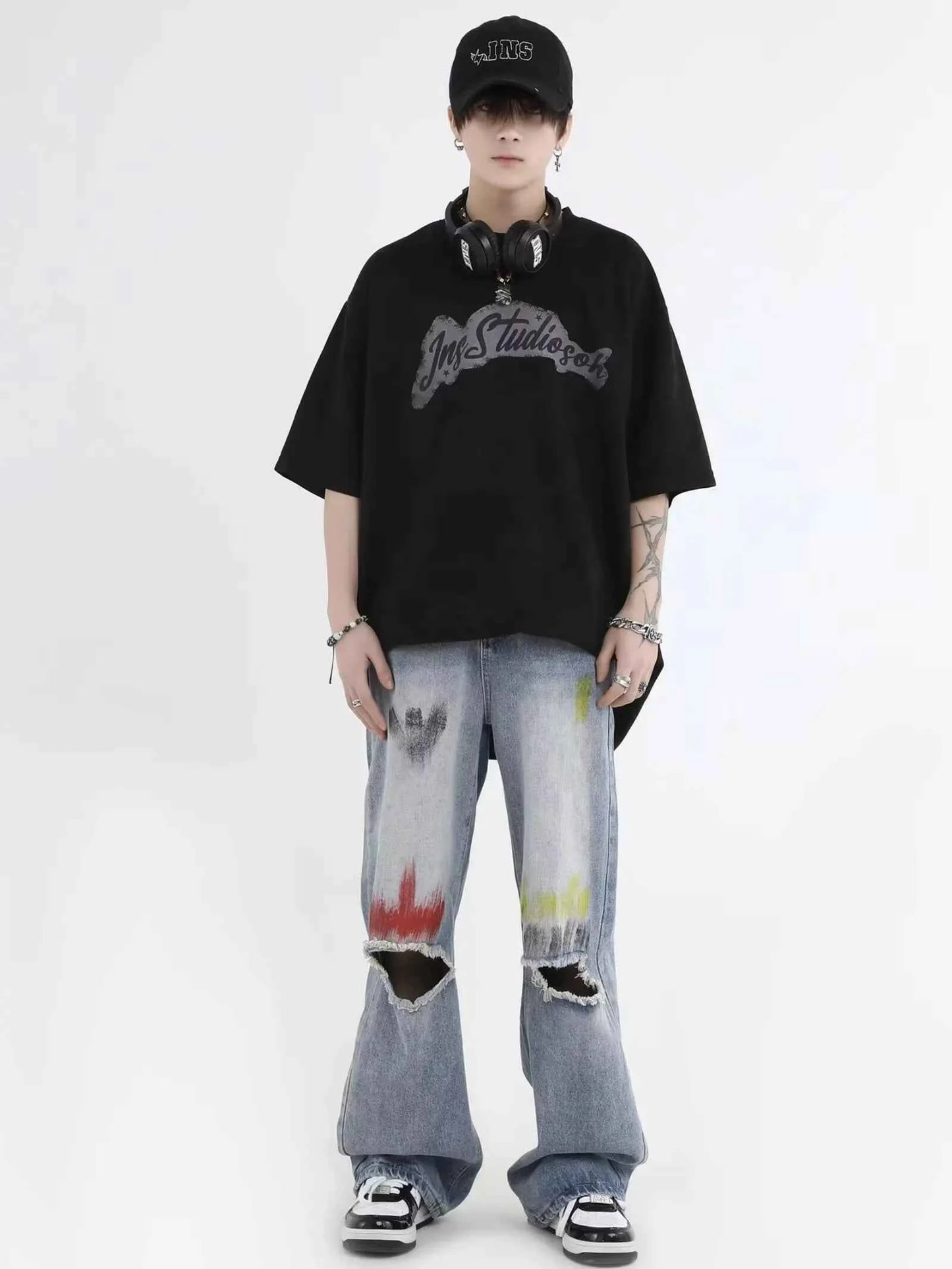 Trendy Blue Washed Ripped Straight Leg Jeans