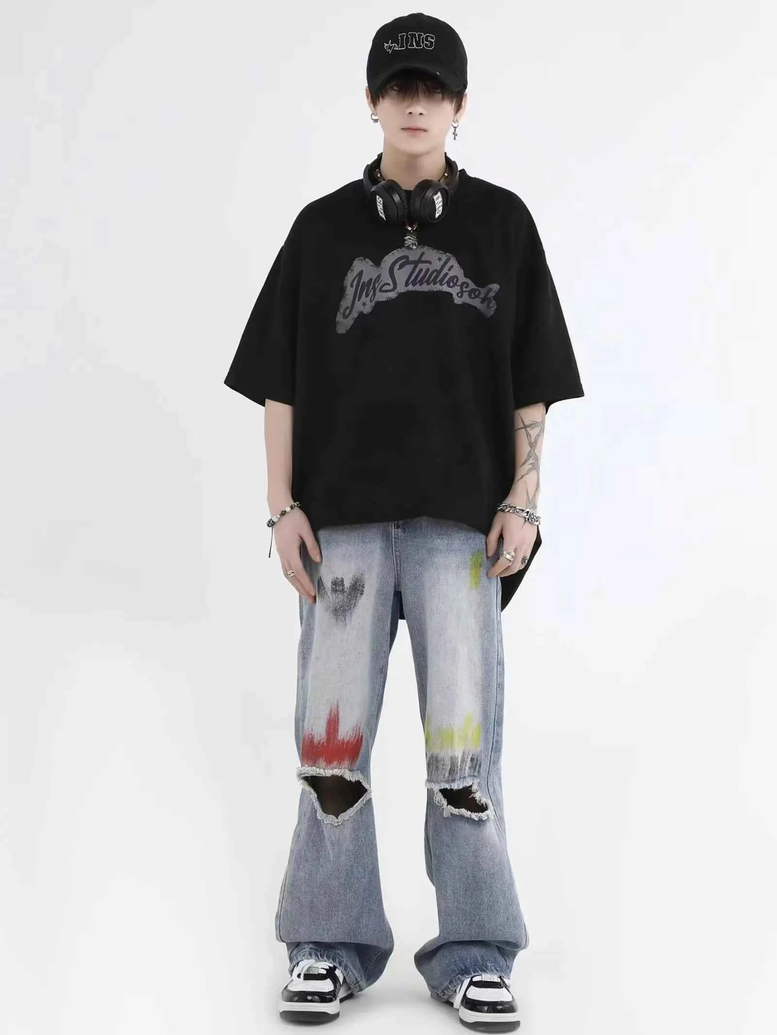 Trendy Blue Washed Ripped Straight Leg Jeans