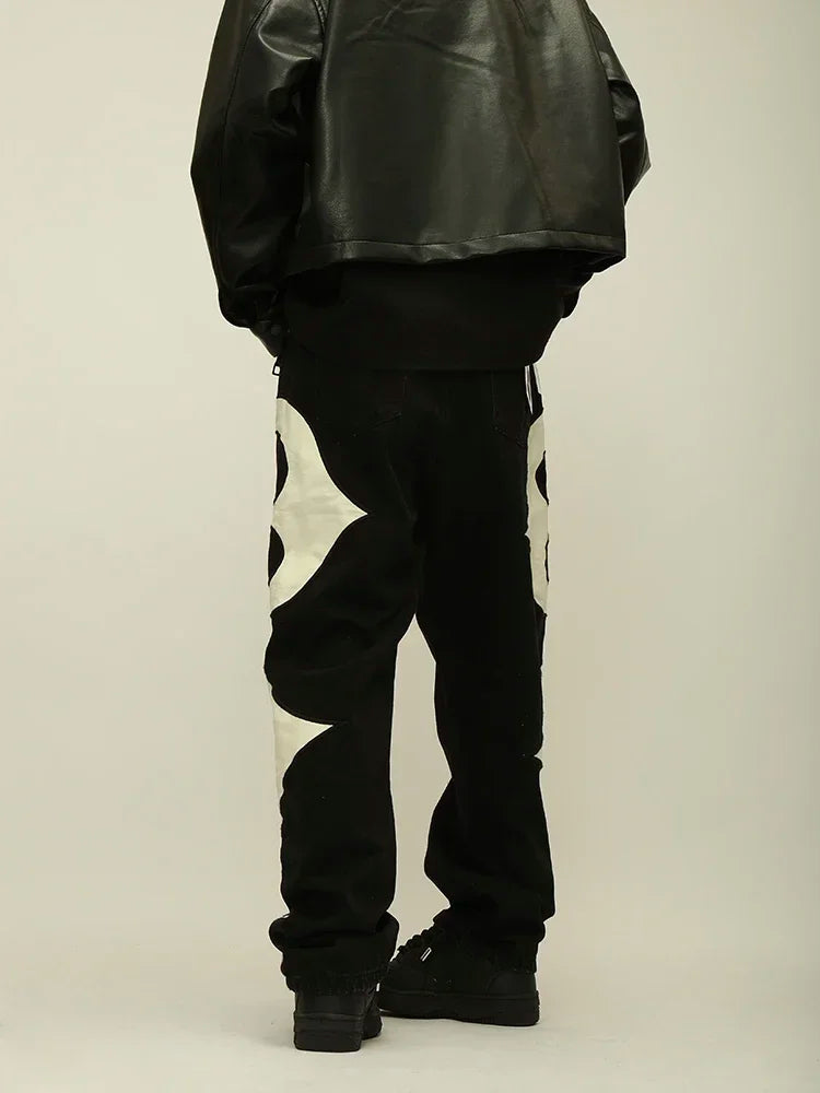 Crescent Embroidery Patchwork Baggy Pants