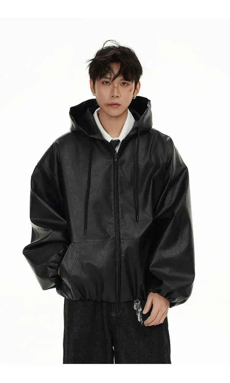 Classic Vintage Bomber Hooded PU Leather Jacket