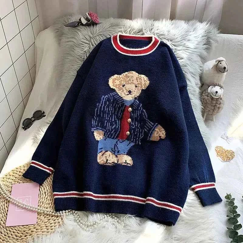 Women Cute Cozy Vintage Bear Knit Sweater