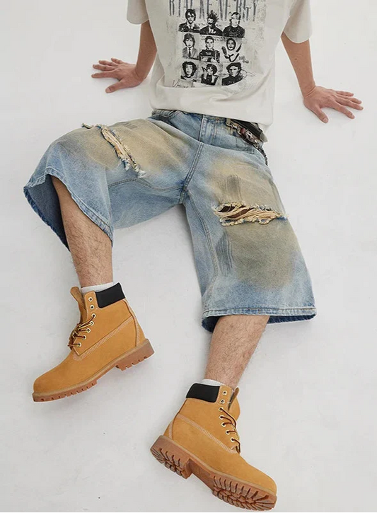 Vintage Streetwear Oversized Ripped Denim Short - Luxuryurbanwear