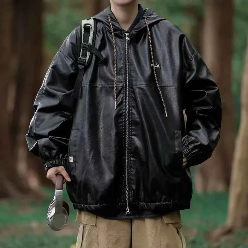 Streetwear Trendy Drawstring Leather Hooded Jacket