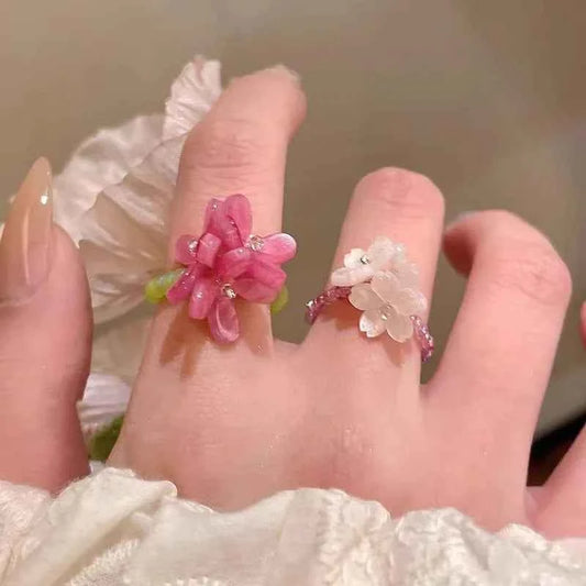 Elegant Floral Glass Bead Stretch Ring
