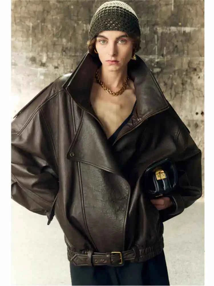 Women Brown Retro Motorcycle Leather Jacket
