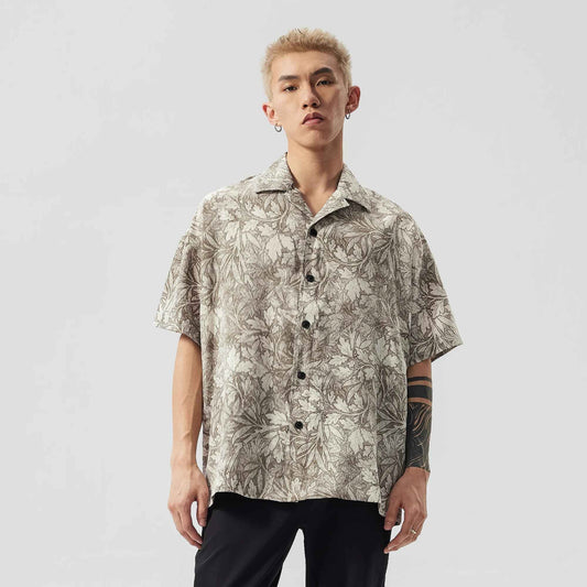 Men Korean Style Floral Printed Loose Lapel Shirt