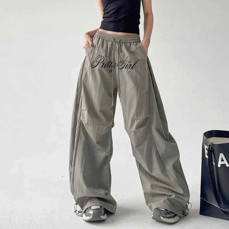 Gray Parachute Letter Embroidery Cargo Pants