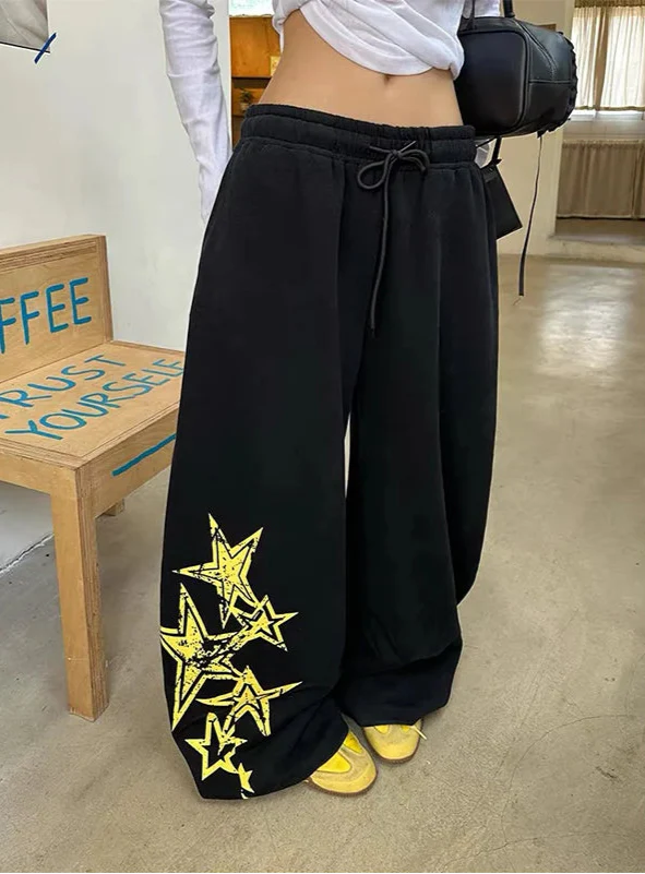 Premium Black Oversize Star Elastic Sweatpants - Luxuryurbanwear