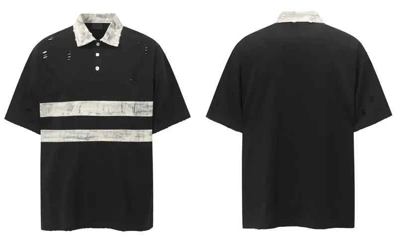 Retro Punk Grunge Patched Ripped Polo Collar T-Shirt