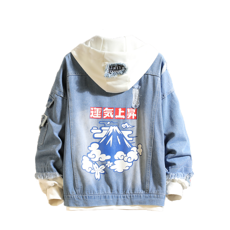 Devil Lion Cloud Denim Ripped Hooded Jacket