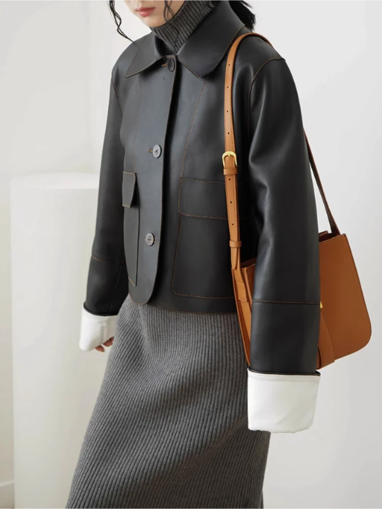 Women Luxury Retro Collar Short Leather Jacket - Luxuryurbanwear