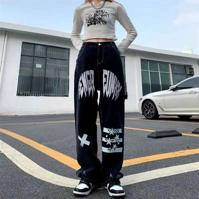 Streertwear Black Star Print High Jeans