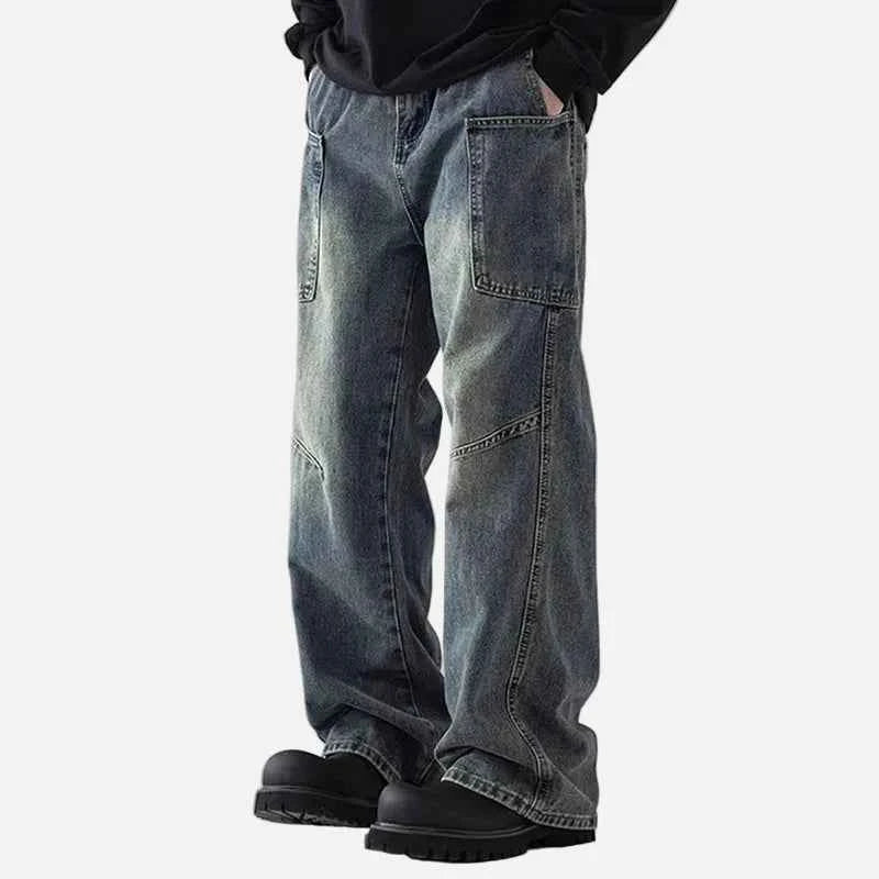 Retro Blue Korean Style Workwear Cargo Jeans