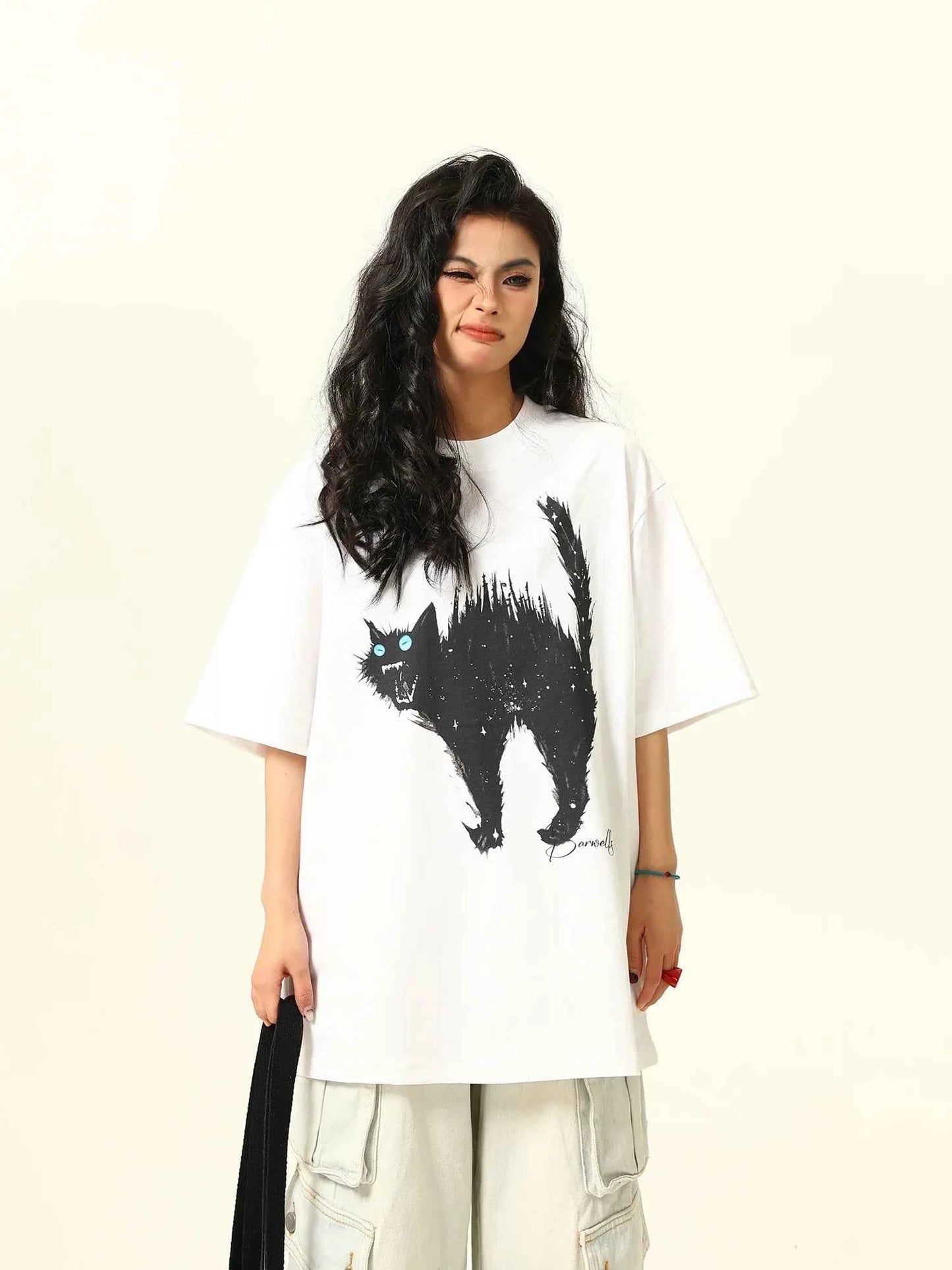 Retro American Cat Cartoon Print T-Shirt