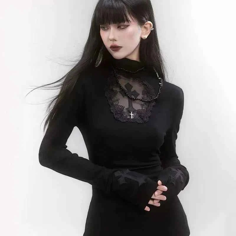 Yedinas Black Gothic Cross Graphic T-Shirt
