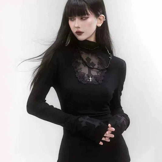 Yedinas Black Gothic Cross Graphic T-Shirt