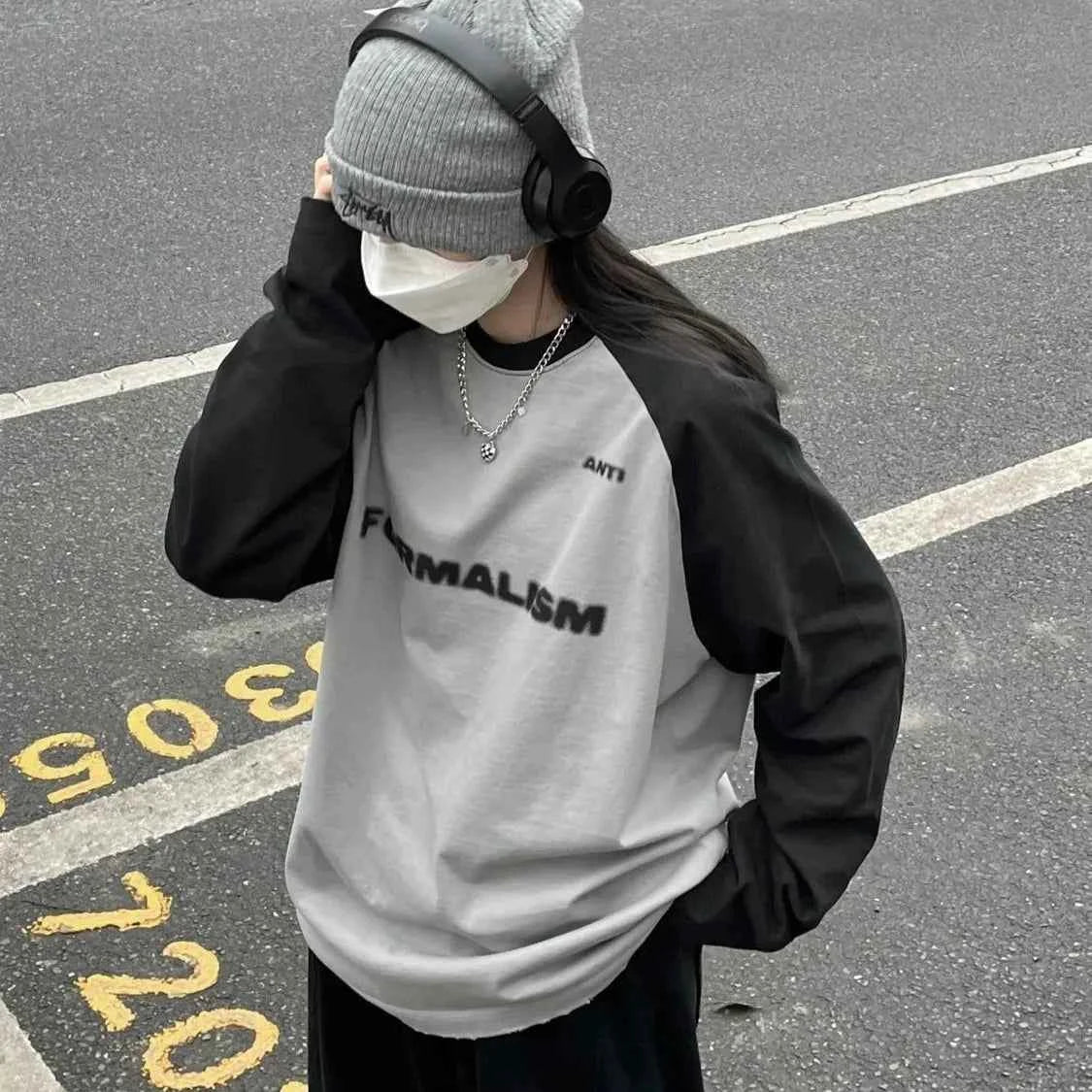 Cool Retro Letter Print Patchwork Long Sleeve T-Shirt