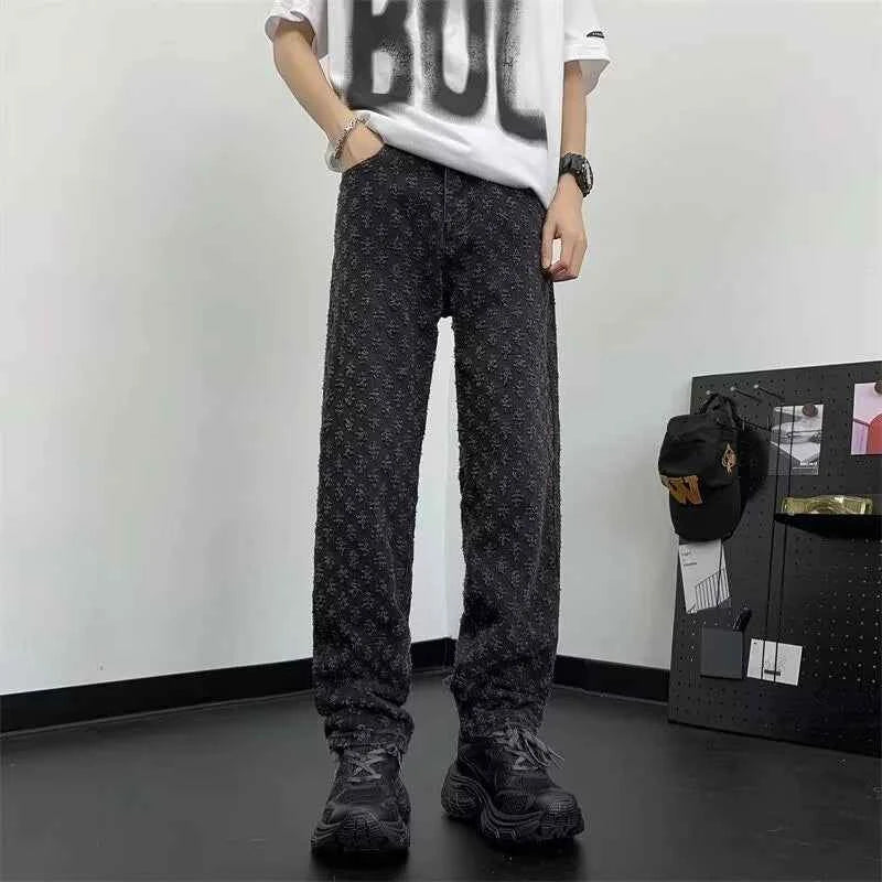 Distressed Wide Jacquard Denim Jeans