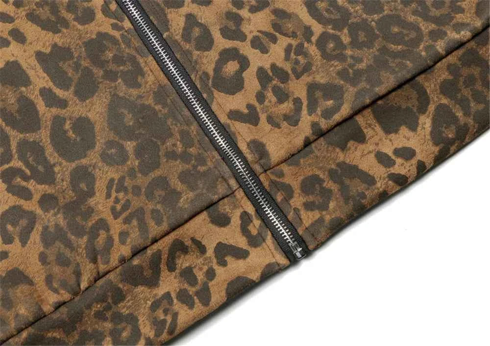 Leopard Zipper Retro Stand-Up Collar Suede Jacket