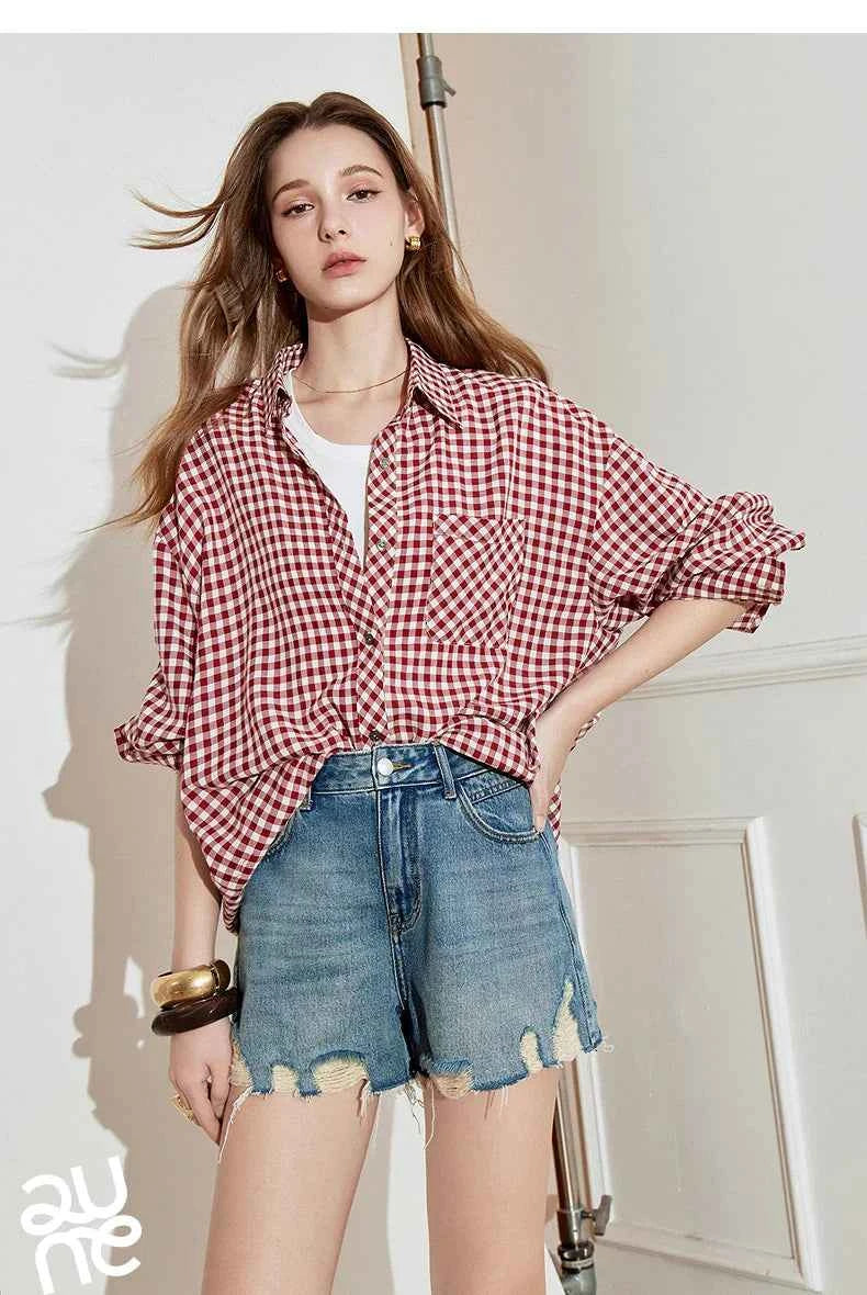 Women Plaid Retro Long Sleeve Blouse Shirt