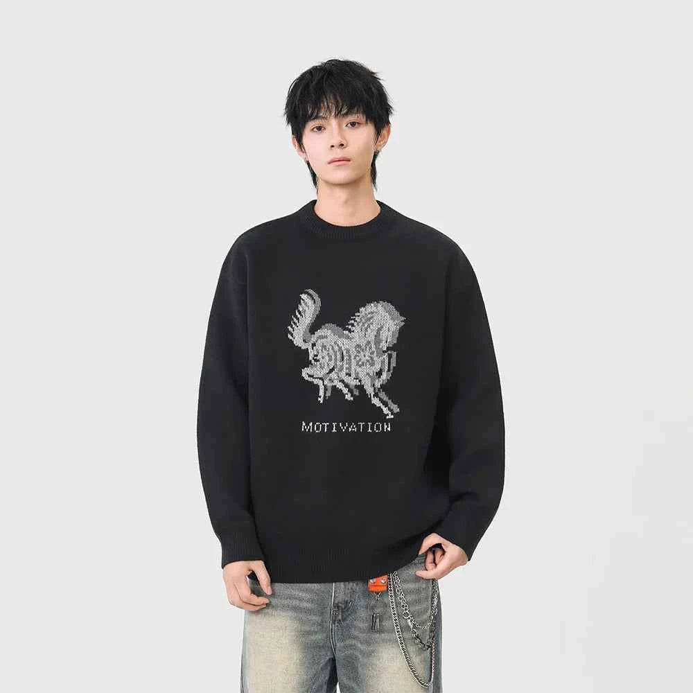 Cozy Horse Print Crew Neck Classic Sweater