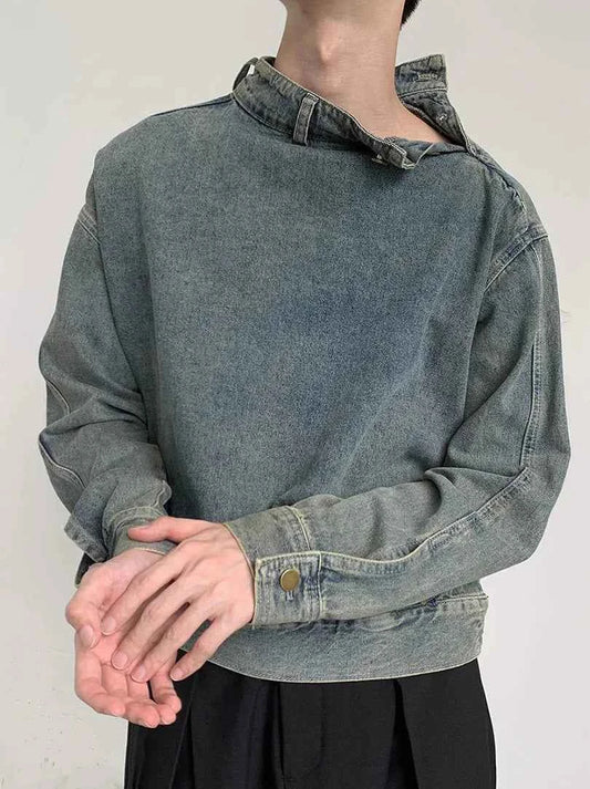 Y2K Washed Buckle Collar Motorcycle Denim Jacket