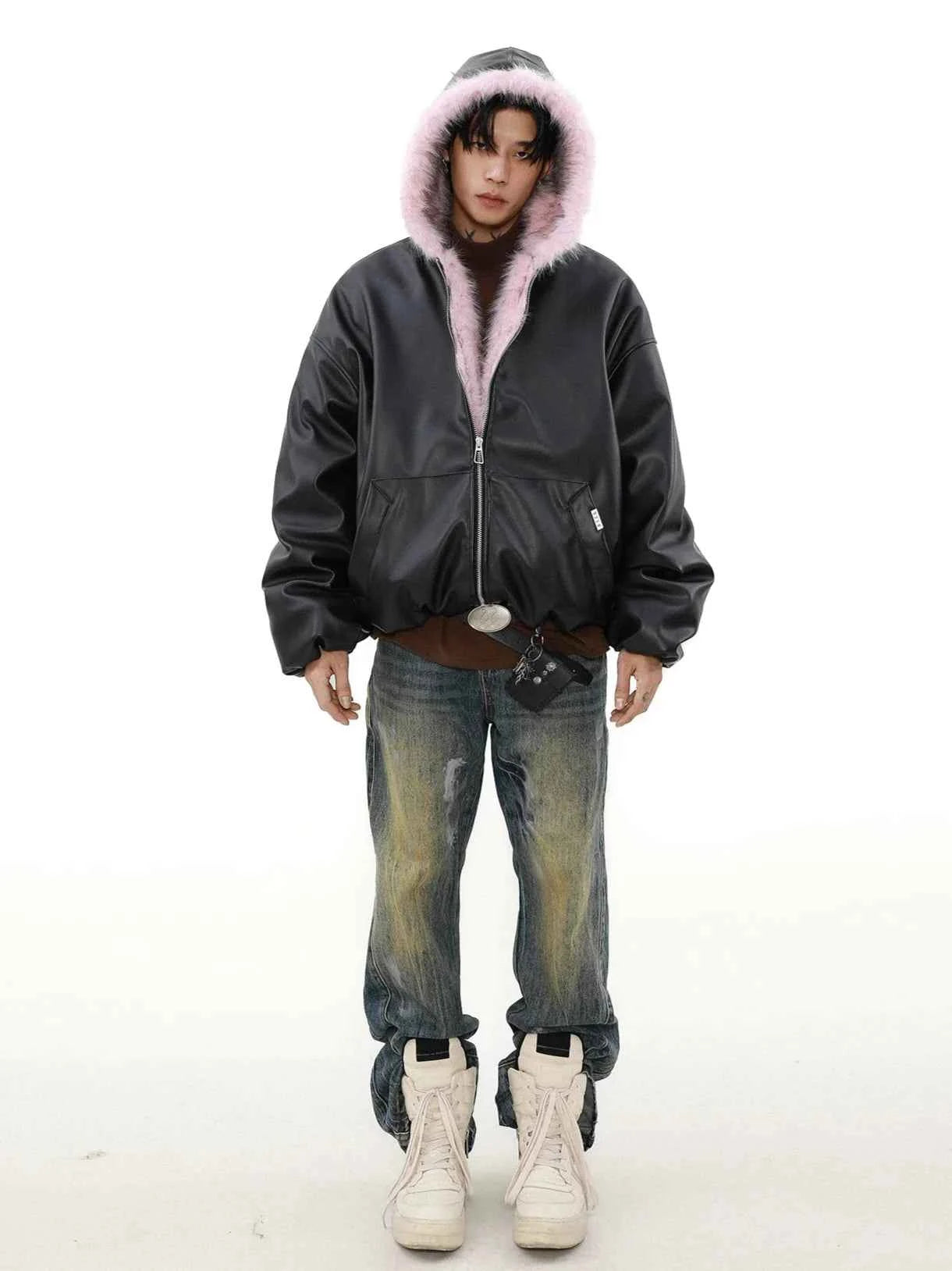 Streetwear Chic Plush Padded Parka Leather Jacket