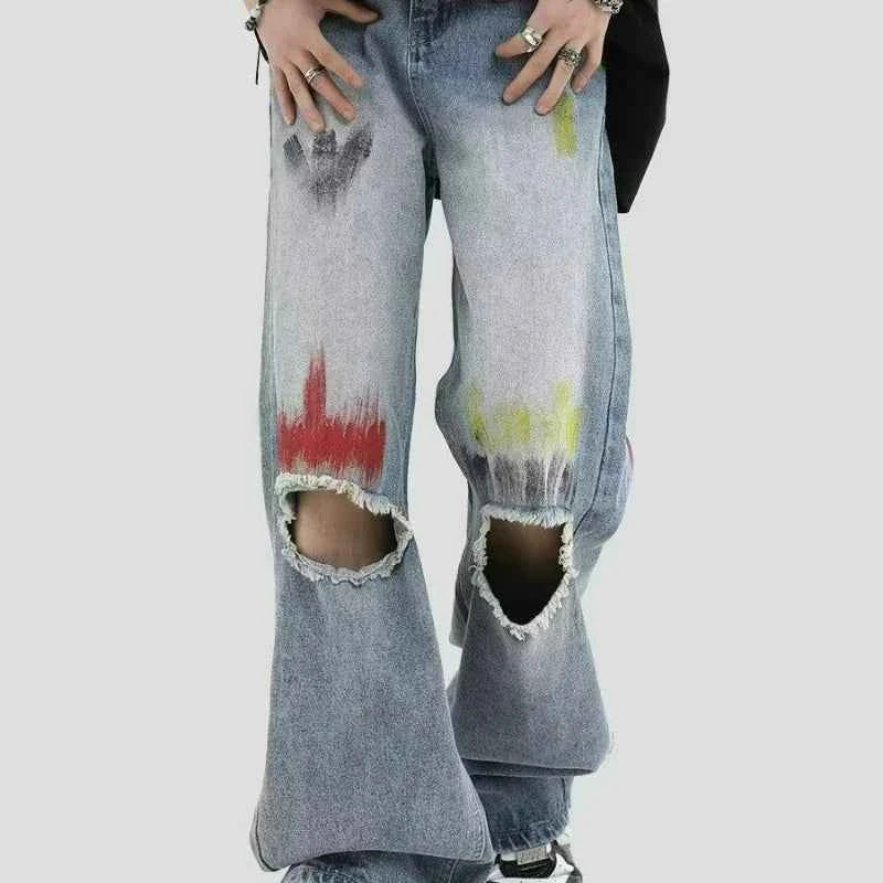 Trendy Blue Washed Ripped Straight Leg Jeans