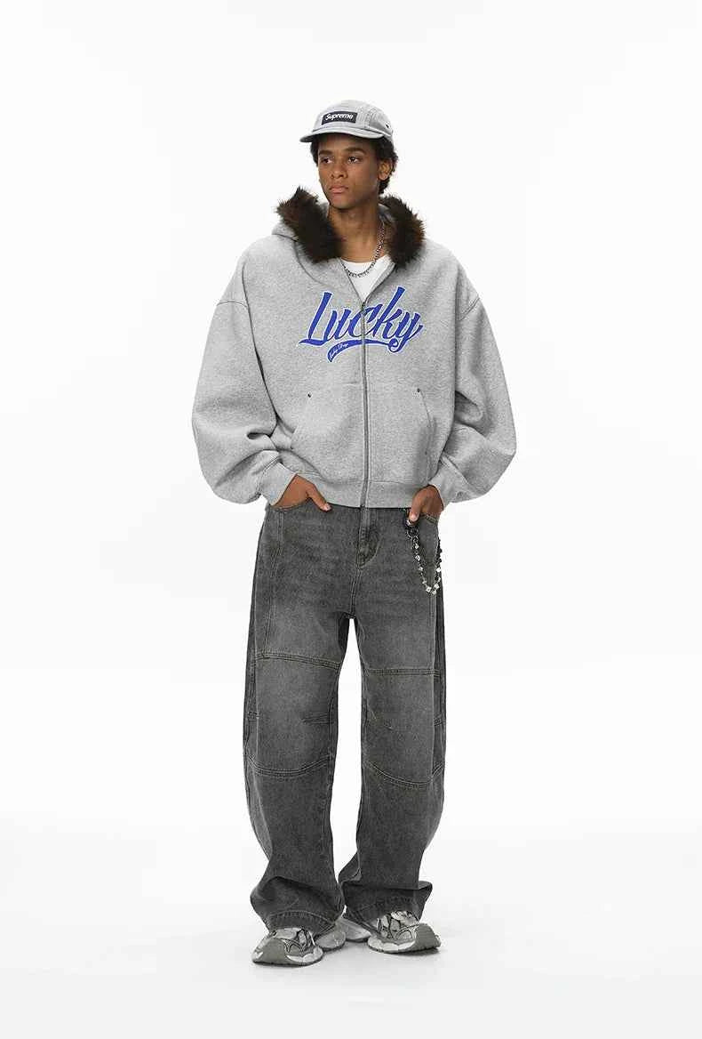 Cozy Embroidered Faux Fur Collar Hooded Sweatshirt