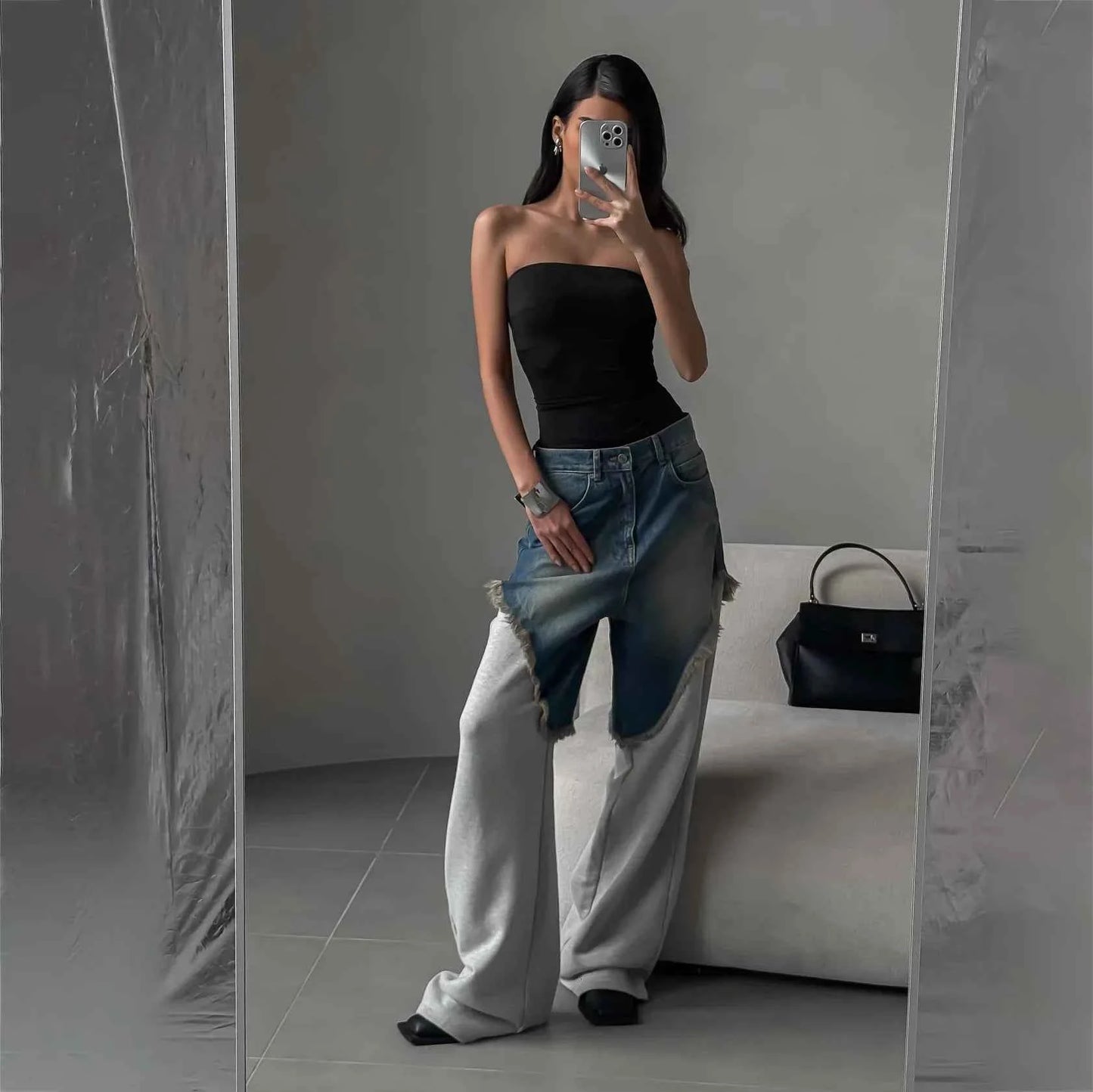 Distressed Patchwork Wide Leg Denim Pants